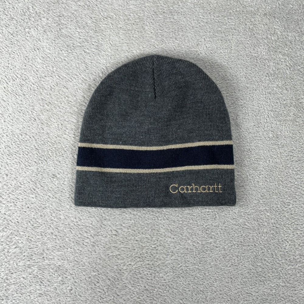 Carhartt Beanie Mens One Size Gray Striped Embroidered Script Y2K Knit Skater